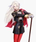  1girl absurdres ascot averting_eyes axe blonde_hair blue_eyes cape closed_mouth cowboy_shot edelgard_von_hresvelg epaulettes feet_out_of_frame fire_emblem fire_emblem:_three_houses floating_hair garreg_mach_monastery_uniform gloves hair_between_eyes hair_ornament hair_ribbon hands_on_hilt highres leggings long_hair long_sleeves looking_down looking_to_the_side one_eye_closed purple_eyes purple_ribbon red_cape red_leggings ribbon roru_(lol_dessin) simple_background solo standing uniform white_background white_gloves white_hair wistful 