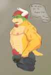  2023 abs anthro barechested biceps black_clothing black_underwear body_hair bottomwear bowser bulge chest_hair clothed clothing detailed_bulge facial_hair goatee hair happy_trail horn koopa male manly mario_bros meme muscular nintendo nipples pants pecs pubes pulling_up_pants red_hair scalie shirtless shirtless_male side_view solo spanish_text speech_bubble standing taygadraki text tight_pants_(meme) topless topless_male triceps underwear 