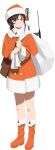  1girl bag boots braid brown_hair commentary_request dirty dirty_face dress full_body fur-trimmed_boots fur-trimmed_dress fur-trimmed_headwear fur_trim hat kantai_collection long_hair looking_to_the_side machinery messenger_bag official_alternate_costume official_art orange_dress orange_eyes orange_footwear orange_headwear sack santa_costume santa_hat shibafu_(glock23) shoulder_bag single_braid solo souya_(kancolle) third-party_source transparent_background 