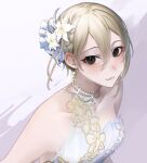  1girl :3 bare_shoulders blush breasts collarbone dress flower grey_hair hair_between_eyes hair_flower hair_ornament highres idolmaster idolmaster_cinderella_girls jewelry jyanome_3 looking_at_viewer medium_breasts necklace pearl_necklace shiomi_syuko short_hair simple_background solo upper_body white_background white_dress 
