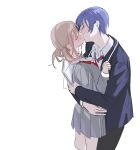  1boy 1girl aoyagi_touya azusawa_kohane blazer blonde_hair blue_hair blush closed_eyes collared_shirt commentary_request diagonal-striped_necktie grey_skirt hetero highres jacket kamiyama_high_school_uniform_(project_sekai) kiss korean_commentary long_sleeves miyamasuzaka_girls&#039;_academy_school_uniform mona0101 neckerchief project_sekai red_neckerchief sailor_collar school_uniform shirt short_hair short_twintails simple_background skirt twintails white_background 