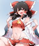  1girl ascot bare_shoulders black_hair bow breasts chest_sarashi crop_top detached_sleeves frilled_bow frilled_hair_tubes frills furrowed_brow gradient_background grey_background groin hair_bow hair_tubes hakurei_reimu hands_up highres long_hair long_sleeves looking_at_viewer midriff navel open_mouth red_bow red_eyes red_skirt red_vest sarashi scavia10 sidelocks simple_background sitting skirt skirt_set small_breasts solo sweat textless_version touhou vest wide_sleeves yellow_ascot 