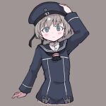  1girl black_neckerchief blue_eyes blue_sailor_collar blush closed_mouth clothes_writing cropped_legs dress es_(eisis) grey_background grey_hair hair_between_eyes hand_on_headwear hat highres kantai_collection long_sleeves looking_at_viewer neckerchief sailor_collar sailor_dress short_hair simple_background solo z1_leberecht_maass_(kancolle) 