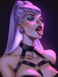  1girl asymmetrical_bangs bare_shoulders black_choker blue_eyeshadow breasts choker collarbone cone_hair_bun dark_background demon demon_girl drop_earrings earrings evelynn_(league_of_legends) eyeshadow hair_bun highres jewelry k/da_all_out_evelynn large_breasts league_of_legends long_hair looking_at_viewer makeup o-ring open_mouth red_lips revealing_clothes solo the_baddest_evelynn tongue upper_body vatheja white_hair yellow_eyes 