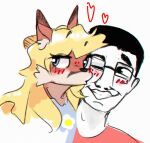  &lt;3 anthro black_hair blonde_hair blue_eyes blush canid canine chudjak clothed clothing digital_media_(artwork) duo eyewear female fox fur glasses hair happy human kissing kissing_cheek lil_sorrow male male/female mammal red_body red_fur simple_background smile soyjak white_background white_body white_skin 