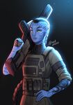  alien alien_humanoid animal_humanoid anthro arm_tattoo astakara_(artist) belt black_hair blue_body blue_skin bulletproof_vest clothing felid felid_humanoid feline feline_humanoid female gun hair hi_res humanoid hybrid james_cameron&#039;s_avatar machine_gun mammal mammal_humanoid military_jacket military_uniform na&#039;vi queue_(hairstyle) ranged_weapon solo tattoo uniform utility_belt weapon yellow_eyes zdinarsk 