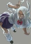  1girl absurdres animal_ears bent_over black_footwear blue_skirt boku_no_hero_academia bow bowtie breasts collarbone collared_shirt dark-skinned_female dark_skin grey_background hand_up hanging_breasts highres large_breasts long_eyelashes long_hair looking_at_viewer loose_bowtie loose_socks mirko nail_polish parted_bangs parted_lips pleated_skirt ppaparibo rabbit_ears rabbit_girl red_bow red_bowtie red_eyes school_uniform shirt shirt_tucked_in skirt sleeves_rolled_up smile socks solo thighs v white_hair white_nails white_shirt 