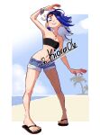  absurdres bangle beach black_tube_top blue_hair bracelet cloud denim denim_shorts eyewear_on_head highres jewelry kiora06 long_legs necklace ocean palm_tree red_eyes sand sandals shiver_(splatoon) shorts splatoon_(series) stomach strapless swimsuit tooth_earrings tooth_necklace tree tube_top 