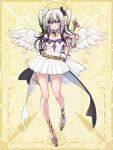  1girl arisaka_u black_hair bracelet breasts chain_paradox chloe_blanche cleavage dress feathered_wings full_body gem gradient_hair jewelry multicolored_hair purple_eyes smile standing twintails two_side_up wand white_dress white_hair white_wings wings yellow_background 