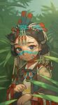  1girl aztec aztec_mythology black_hair blue_eyes child hair_ornament highres jewelry leaf looking_at_viewer opossumachine plant smile solo upper_body wristband 