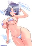  absurdres bikini blue_eyes blush breasts cowboy_shot hair_ribbon highres ice large_breasts looking_at_viewer ribbon senran_kagura senran_kagura_estival_versus senran_kagura_shinovi_versus short_hair signature simple_background swimsuit user_kftx3425 white_background white_bikini yumi_(senran_kagura) 