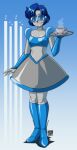  0tacat 1girl absurdres alternate_costume bishoujo_senshi_sailor_moon blue_eyes blue_hair boots breasts commentary commission cup empty_eyes english_commentary enmaided full_body head-mounted_display headset highres holding holding_tray humanoid_robot knee_boots maid mechanization mizuno_ami robot short_hair signature skirt small_breasts solo tea teacup tray 
