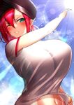  1girl blue_sky boudica_(fate) breasts fate/grand_order fate_(series) green_eyes hat large_breasts lee-taro light light_rays navel one_eye_closed red_eyes shirt short_sleeves sky solo sunlight white_shirt 