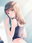  1girl back bare_arms bare_shoulders bathroom blue_eyes blush brown_hair brushing_teeth crop_top hair_between_eyes hiten_(hitenkei) holding holding_toothbrush long_hair looking_at_viewer looking_back mirror original soap_bottle toothbrush 