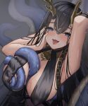  1girl antlers azur_lane black_hair blue_eyes breast_curtains breasts chain covered_nipples fangs golden_hind_(azur_lane) hand_on_own_face highres horns kuwahara_taiki large_breasts long_hair looking_at_viewer mole mole_under_mouth reindeer_antlers solo tentacles tongue tongue_out upper_body very_long_hair wet 