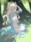  1girl apron blue_dress boots brown_footwear day dress forest full_body hair_ribbon head_wreath highres kagerou_project kozakura_marry long_hair long_sleeves looking_at_viewer mo011010 nature open_mouth outdoors pink_ribbon ribbon sitting smile solo very_long_hair wariza white_apron white_hair 