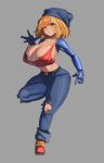  1girl absurdres belt blonde_hair body_freckles bots breasts cameltoe cleavage denim flra freckles grey_background highres huge_breasts mechanical_arms one_eye_closed original simple_background smile solo 