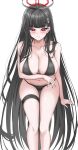  1girl 27h_kikyo absurdres bikini black_bikini black_hair black_halo blue_archive blush breasts cleavage closed_mouth hair_ornament hairclip halo highres large_breasts long_hair pale_skin red_eyes red_halo rio_(blue_archive) sitting solo stomach swimsuit thigh_strap very_long_hair white_background 