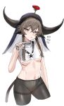  1girl absurdres animal_ears arknights beer_can black_pantyhose breasts brown_hair can cow_ears cow_girl cow_horns flower flower_on_head green_eyes highres holding holding_can horn/wood horns medium_breasts navel pallas_(arknights) pantyhose red_flower red_rose rose short_hair_with_long_locks simple_background solo stomach thighband_pantyhose underboob veil white_background 