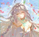  1girl ahoge bare_shoulders braid breasts chest_tattoo chromatic_aberration cleavage collarbone cross-shaped_pupils detached_sleeves dress falling_petals flower genshin_impact gold_choker gold_trim green_eyes grey_hair hair_ornament half-closed_eyes head_tilt highres large_breasts leaf_hair_ornament long_hair looking_at_viewer petals pointy_ears red_flower rukkhadevata_(genshin_impact) single_braid smile solo sp0i0ppp strapless strapless_dress symbol-shaped_pupils tattoo upper_body white_dress white_sleeves 