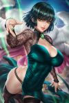  1girl ass black_thighhighs blunt_bangs blunt_ends breasts cleavage dark_green_hair dress english_commentary fubuki_(one-punch_man) green_brooch green_dress green_eyes green_nails highres lace_sleeves large_breasts mixed-language_commentary neoartcore one-punch_man paid_reward_available patreon_username short_hair side_slit solo thai_commentary thighhighs 