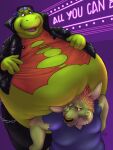  2022 absurd_res ambiguous_gender anthro belly belly_overhang big_belly clothing digital_media_(artwork) digital_painting_(artwork) dinosaur dragontzin dragontzin_(character) duo hi_res holding_belly jacket kangaroo leather leather_clothing leather_jacket leather_topwear macropod mammal marsupial neon_lights obese obese_anthro overweight overweight_anthro reptile scalie signature topwear torn_clothing 