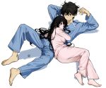  1boy 1girl alternate_costume arm_behind_head artist_logo ass barefoot black_hair blue_eyes blue_pajamas blue_pants blue_shirt blush breasts chitanda_eru closed_mouth feet frown green_eyes hand_up hetero highres hyouka large_breasts long_hair long_sleeves lying mery_(yangmalgage) on_side oreki_houtarou pajamas pants shirt short_hair toenails toes white_pajamas white_pants white_shirt 