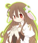  1girl animal_ears arch_bishop_(ragnarok_online) black_dress blush bright_pupils brown_eyes brown_hair cleavage_cutout closed_mouth clothing_cutout commentary_request cowlick cross doridori dress flat_chest floppy_ears flower green_outline hair_between_eyes hair_flower hair_ornament juliet_sleeves long_bangs long_hair long_sleeves looking_at_viewer outline puffy_sleeves rabbit_ears ragnarok_online simple_background smile solo steepled_fingers two-tone_dress upper_body white_background white_dress white_flower white_pupils 