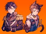  2boys absurdres ahoge akningovo animal_ears black_gloves black_hair brown_hair cat_boy cosplay eiyuu_densetsu epaulettes fake_animal_ears fake_tail gloves highres kuro_no_kiseki looking_at_viewer multiple_boys orange_background purple_eyes rean_schwarzer red_eyes sen_no_kiseki simple_background swin_abel tail upper_body 