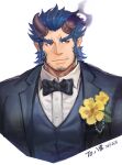  1boy absurdres alternate_costume bara beard_stubble black_bow black_bowtie black_vest blue_hair boutonniere bow bowtie broken_horn closed_mouth cropped_torso dark_blue_hair demon_boy demon_horns facial_hair fang fiery_horns flower formal highres horns huge_eyebrows ina_zuma long_sideburns male_focus mature_male red_eyes scar shirt sideburns solo stubble suit takemaru_(housamo) thick_eyebrows tokyo_afterschool_summoners upper_body vest waistcoat white_shirt 