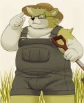  2023 anthro belly big_belly bulge canid canine canis clothing domestic_dog eyewear glasses green_body hat headgear headwear humanoid_hands kemono male mammal meg_hoi overals overweight overweight_male shovel solo tools 