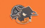  1boy 2023 beard black_eyes black_footwear black_pants boiledfish chibi cowboy_bebop dated facial_hair halloween hat highres jack-o&#039;-lantern orange_background orange_theme pants solo vincent_volaju witch_hat 