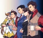  2girls 3boys ace_attorney apollo_justice athena_cykes beard black_eyes black_hair black_jacket black_necktie black_pantyhose blue_eyes blue_necktie blue_ribbon blue_suit bracelet brown_eyes brown_hair coffee_mug crescent crescent_earrings cup diego_armando earrings facial_hair fist_in_hand from_side gloves hair_ribbon highres holding holding_cup jacket jewelry long_hair looking_to_the_side mia_fey mug multiple_boys multiple_girls necklace necktie open_clothes open_jacket orange_hair pantyhose partially_fingerless_gloves phoenix_wright ragi_(od6fine) red_necktie red_suit ribbon shirt short_hair single_glove smile spiked_hair suit vest white_shirt yellow_jacket 