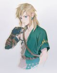  1boy arm_tattoo belt black_skin blonde_hair blue_eyes chest_tattoo colored_skin cropped_torso earrings green_tunic grey_background jewelry link long_hair male_focus pointy_ears simple_background single_bare_shoulder smile solo suda_ayaka tattoo the_legend_of_zelda the_legend_of_zelda:_tears_of_the_kingdom 