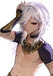  1boy abs absurdres bishounen choker cyno_(genshin_impact) dark-skinned_male dark_skin genshin_impact hair_over_one_eye hand_on_own_head hand_up highres kkopoli male_focus midriff red_eyes short_hair simple_background solo white_background white_hair 