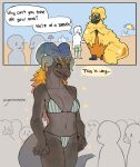  absurd_res ambiguous_gender anthro beach bikini breasts clothed clothing crowd dialogue duo elder_dragon female grey_body grey_scales group hi_res horn human kulve_taroth larger_anthro larger_female mammal outside scales scalie seaside size_difference skimpy speech_bubble standing swimwear yolabayola1 