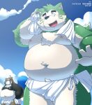  2023 anthro balls belly big_belly black_nose brown_body canid canine canis cloud debudave_12 domestic_dog duo genitals green_body hi_res kemono lifewonders live_a_hero male mammal mokdai moobs nipples outside overweight overweight_male raccoon_dog shoen tanuki towel towel_around_neck 
