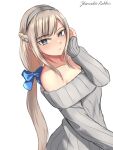  1girl artist_name bare_shoulders blue_bow blush bow braid breasts cleavage closed_mouth collarbone commentary_request cowboy_shot french_braid grey_eyes grey_hair grey_headband grey_sweater hand_to_head headband kantai_collection long_hair long_sleeves maryland_(kancolle) one-hour_drawing_challenge rekka_yamato simple_background solo sweater white_background 