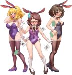  3girls animal_ears blonde_hair blush bow bowtie breasts brown_eyes brown_hair d.koutya detached_collar glasses high_heels highres kneehighs large_breasts leotard low_ponytail maribel_hearn multiple_girls playboy_bunny rabbit_ears red-framed_eyewear small_breasts smile socks strapless strapless_leotard thighhighs touhou usami_renko usami_sumireko yellow_eyes 