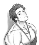  1boy against_wall alexandros_(fate) bara facial_hair fang fate/grand_order fate_(series) greyscale head_tilt iskandar_(fate) jewelry large_pectorals light_blush long_sideburns male_focus monochrome muscular muscular_male necklace nervous nipples nude pectorals red_hair shababuru short_hair sideburns skin_fang solo sweatdrop upper_body 