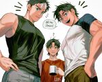  3boys ? absurdres artist_name bara batman_(series) black_hair black_shirt black_tank_top blue_eyes brothers brown_pants closed_mouth cup dc_comics dick_grayson green_eyes grey_pants highres holding holding_cup iwakki jason_todd large_pectorals male_focus multicolored_hair multiple_boys muscular muscular_male open_mouth pants pectorals red_sweater shirt short_hair siblings smile sweater tank_top tim_drake two-tone_hair two-tone_shirt white_hair white_shirt 