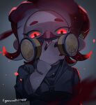  1girl absurdres artist_name bangs black_jacket blurry blurry_foreground commentary_request depth_of_field eyelashes glowing glowing_eyes grey_background hand_up highres iguana152588 jacket long_sleeves looking_at_viewer mask medium_hair octoling octoling_girl paint_splatter parted_bangs red_eyes red_hair respirator short_eyebrows sidelocks simple_background solo splatoon_(series) splatoon_2 suction_cups tentacle_hair upper_body 