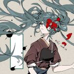  1girl blue_eyes blue_hair blue_hakama bright_pupils camellia closed_mouth dated floating_hair flower flower_over_eye hakama hand_up hatsune_miku inkblot japanese_clothes kimono long_hair looking_to_the_side looking_up mani_mani_(vocaloid) messy_hair muneate petals red_flower red_kimono simple_background sixii sleeves_rolled_up solo twitter_username upper_body very_long_hair vocaloid white_pupils 