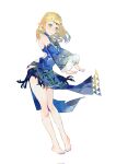  1girl bare_shoulders barefoot blonde_hair blue_dress blue_nails braid crown_braid detached_sleeves dress full_body green_eyes highres long_sleeves nail_polish pointy_ears princess_zelda simple_background solo the_legend_of_zelda the_legend_of_zelda:_breath_of_the_wild toenail_polish toenails torn_clothes torn_dress white_background xiangzizg 