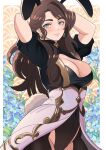  1girl adapted_costume animal_ears black_shirt blue_flower breasts brown_hair cleavage commentary_request cowboy_shot dorothea_arnault earrings fake_animal_ears fake_tail fire_emblem fire_emblem:_three_houses flower green_eyes highres ihsnet jewelry large_breasts long_hair looking_at_viewer parted_lips rabbit_ears rabbit_tail shirt skirt solo standing tail very_long_hair white_skirt 