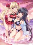  2girls atre bat_cutout bat_hair_ornament bikini bikini_skirt black_bikini black_hair blonde_hair blush breasts ecute floral_print floral_print_bikini hair_ornament hair_ribbon hand_on_another&#039;s_shoulder highres hinata_momo in_water jashin-chan_dropkick large_breasts long_hair looking_at_viewer multiple_girls navel ocean open_mouth outdoors palm_tree red_bikini red_eyes ribbon shirt side-tie_bikini_bottom sky small_breasts smile swimsuit tree twintails white_shirt 