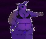  3_fingers anthro bananacasing11_(artist) belly_overhang blue_eyes blueberry_inflation blueberry_juice blush blush_lines bra clothing deep_navel ear_piercing ear_ring exhausted female fingers fupa fur fur_tuft hi_res kitchen_utensils lagomorph leaking_through_clothing leporid mammal morbidly_obese morbidly_obese_female navel obese obese_female onomatopoeia outline overweight overweight_female paws piercing purple_body purple_fur rabbit ring_piercing shaded simple_shading solo sound_effects text tired tools transformation tuft underwear 