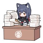  1girl :3 animal_ears arknights black_gloves black_hair blush_stickers brown_eyes chibi clipboard ear_piercing fingerless_gloves gloves holding holding_clipboard huang_qing_ye id_card jacket lowres paper_stack piercing red_hair simple_background solo texas_(arknights) white_background white_jacket wolf_ears wolf_girl 