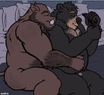  after_sex anthro bear bed bedroom belly_rub black_bear chubby_male cuddling duo flaccid foreskin furniture genitals hi_res male male/male mammal mature_male musclegut muscular muscular_male nanoff nude on_bed penis sleeping_together spooning suarez_(nanoff) suid suina sus_(pig) top_angle_view ursine wild_boar 