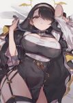  1girl absurdres black_dress black_hair blue_archive breasts cleavage_cutout clothing_cutout covered_navel cross dress ear_piercing epi_zero garter_straps hair_over_one_eye halo highres hinata_(blue_archive) large_breasts long_hair lying nun on_back piercing red_eyes veil 